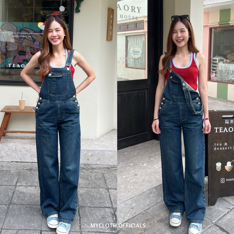 mycloth.officials เอี๊ยมยีนส์ขายาว สียีนส์เข้มมิดไนท์ ดีเทลกระเป๋าหน้า น่ารักมากกก
