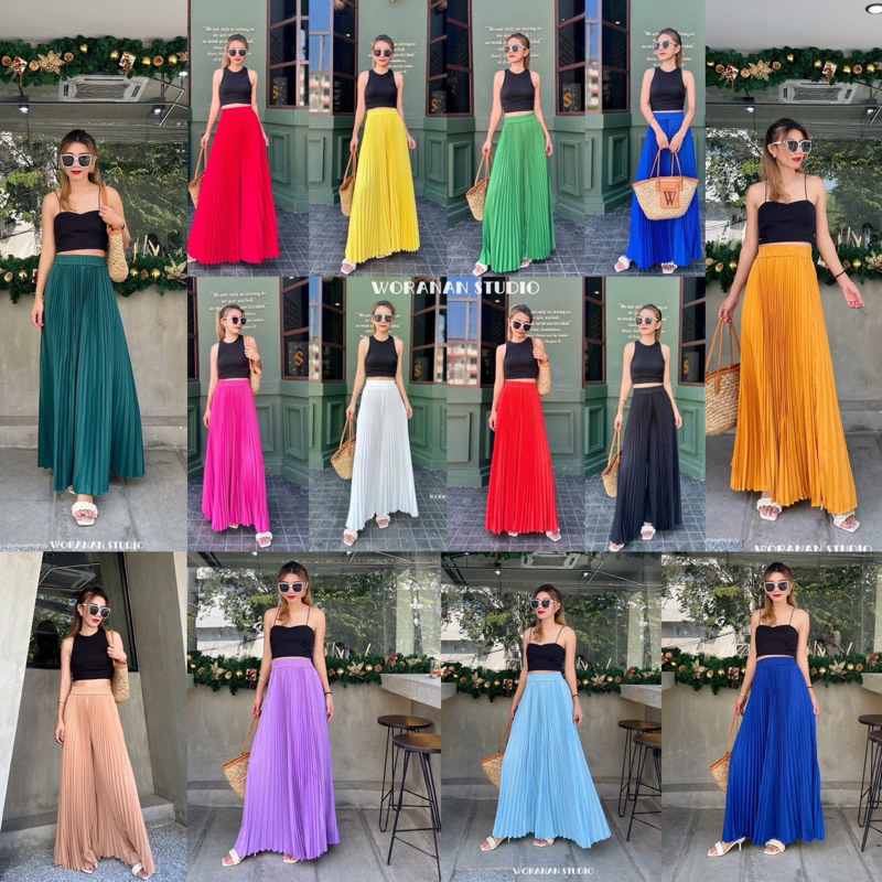 กระโปรงอัดพลีทตัวยาว เอวสม๊อค ทรงปลายบาน งานสีพื้นสีสันสดใส