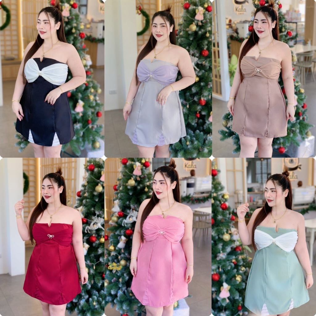 NT919 เดรส+เข็มกลัดโบว์เพชรแต่งอกชีฟองสาวอวบ