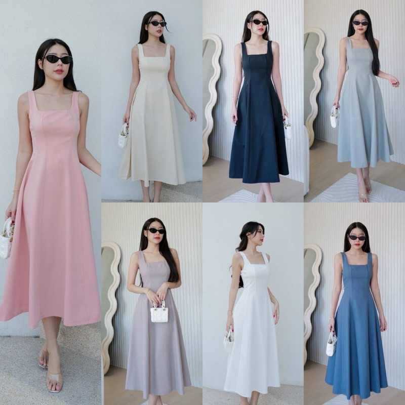 Intuon เดรสยาวstye Dior คอเหลี่ยมทรงกล้าม ดูแพง สวยสง่า ช่วงตัวเข้ารูป ช่วงปลายกระโปรงแต่งจับจีบทรง นางแบบ165 ส้นสูง2.5