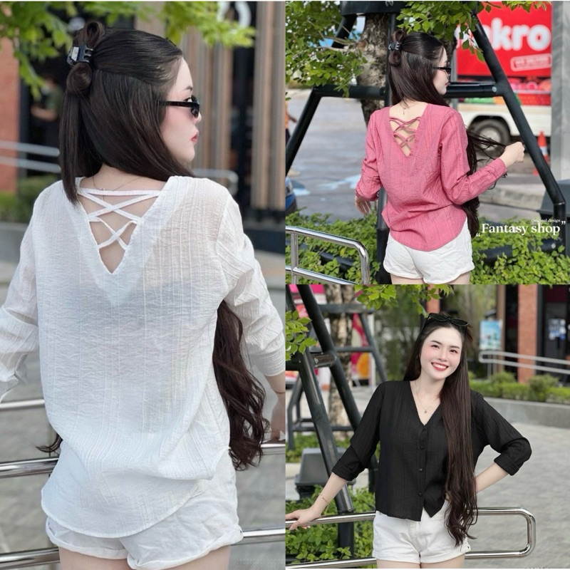 เสื้อเชิ้ตแฟชั่น เสื้อเชิ้ตแขนยาว คอวี แต่งสานด้านหลัง