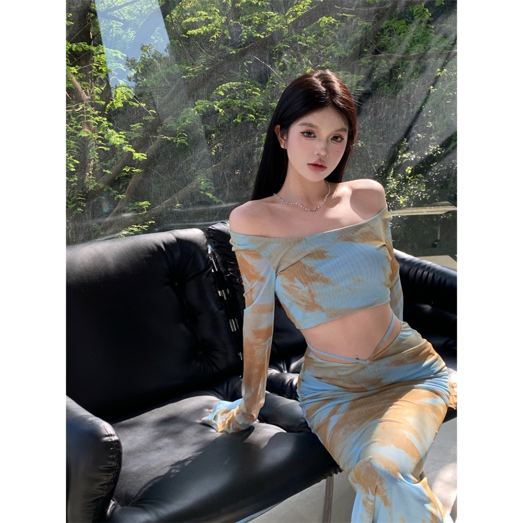 แม็กซี่เดรส เซ็ต2ชิ้น เสื้อครอปแขนยาวผ้าซีทรูมีซับใน+กระโปรงผ่าหลัง ซับในเต็มตัว แต่งสายผูกเอว #9671 - รูปที่ 4