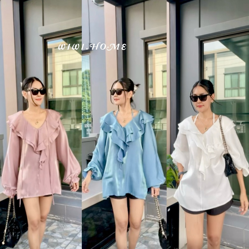 ป้าย Wiwi.Home (Sara Blouses) เสื้อโอเวอร์ไซด์ เชิ้ตคอระบาย เสื้อทรงโอเวอร์ไซด์คอระบาย แขนพอง Lady