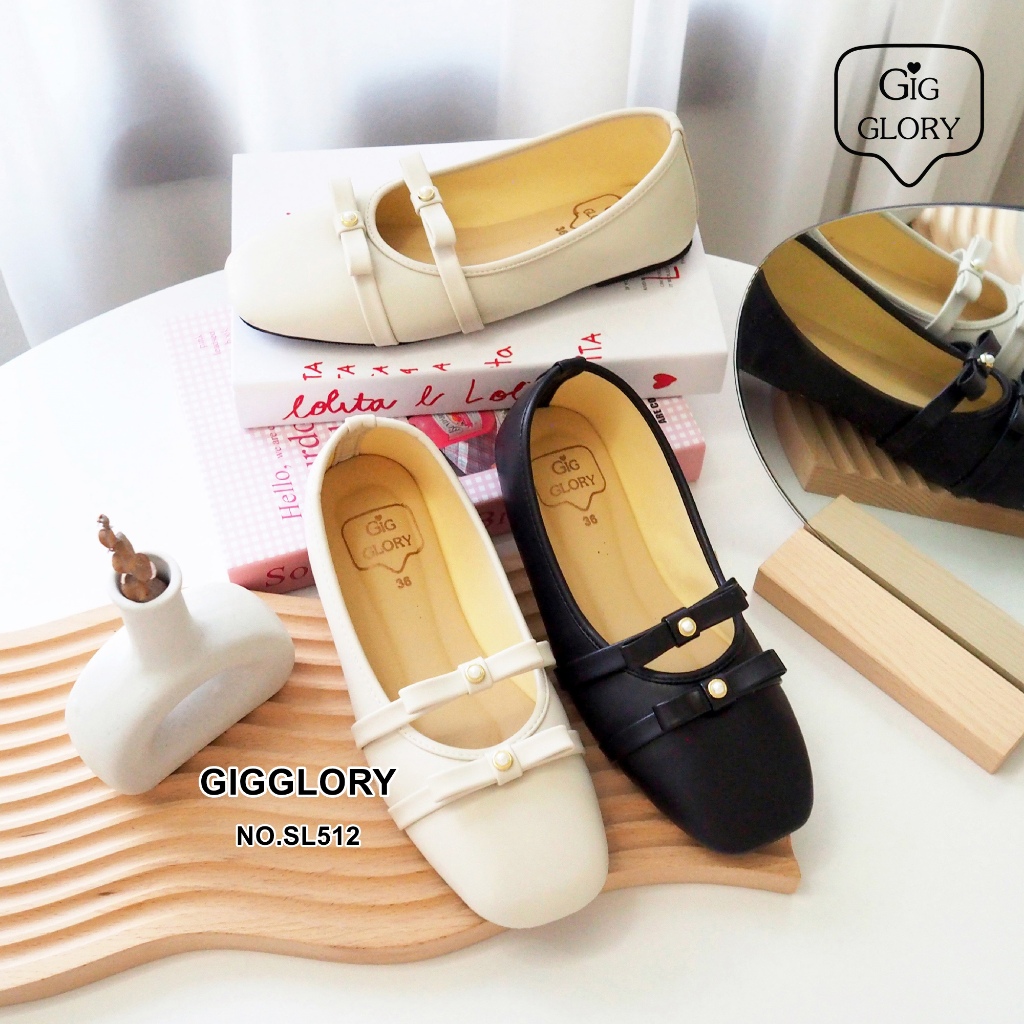 🌷 รองเท้าคัทชูแมรี่เจน สายคาดโบว์แต่งมุก (NO.SL512)