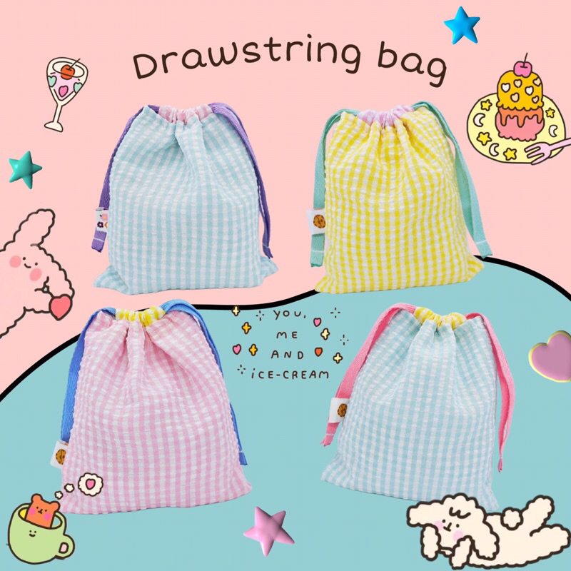 unique drawstring bag ถุงผ้าหูรูด รุ่นนี้เป็น ผ้าลายทางมีtextureเป็นลายนูนๆ🧸 น่ารัก มีซับใน