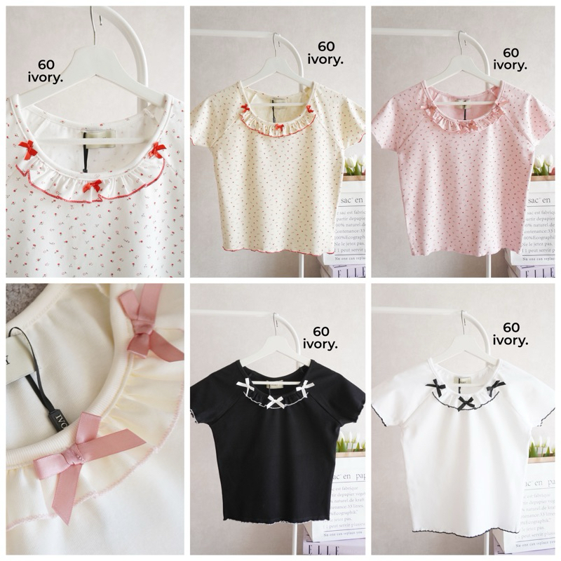60-IVORY เสื้อครอปคอปกแต่งโบว์ สุดน่ารัก