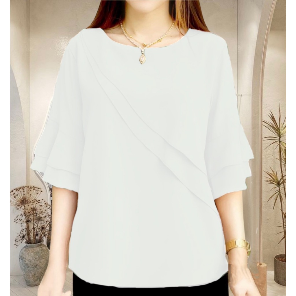 เสื้อชีฟอง ตกแต่งเฉลียงหน้า ผ้าไม่บาง ตัดโดยช่างไทย