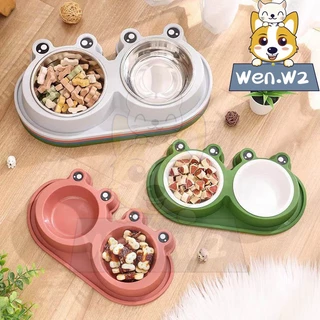 wen.W2【กันมดสุดเจ๋ง】ชามอาหารสัตว์คู่ แยกข้าว-น้ำ พร้อมร่องน้ำกันมด ล้างง่าย กันลื่นดี ลายน่ารัก สำหรับแมวและสุนัข