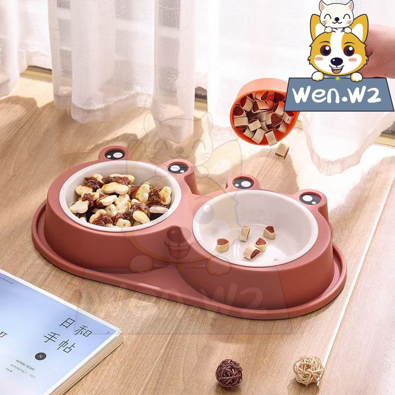 wen.W2【กันมดสุดเจ๋ง】ชามอาหารสัตว์คู่ แยกข้าว-น้ำ พร้อมร่องน้ำกันมด ล้างง่าย กันลื่นดี ลายน่ารัก สำหรับแมวและสุนัข