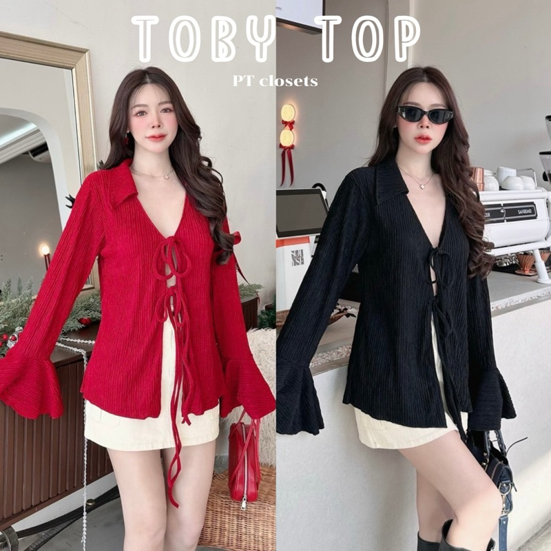 ✔️พร้อมส่ง✔️เสื้อแขนยาว ผูกโบว์หน้า 2 จุด คอปกวี สวยเซกซี่ ผ้าไม่ต้องรีด #SHN รุ่น Toby top