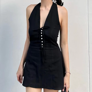 MARGIE DRESS ชุดเดรสผ้าดับบี้ คล้องคอคล้องใจ แต่งกระดุมไข่มุกที่อกด้านหลังเป็นสม็อคยางยืด
