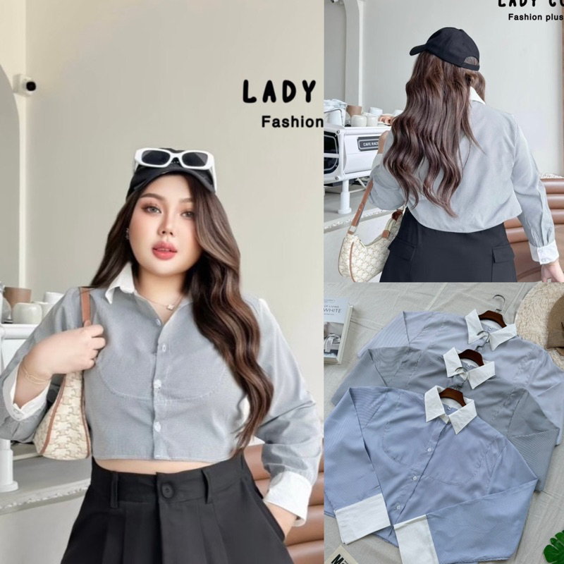 เสื้อครอปเชิ้ตแขนยาว ลายริ้วสาวอวบ(อก40-54นิ้ว) แต่งปกเชิ้ต+ปลายแขนตัดสี ผ้าคอตตอนเนื้อดี ใส่สบาย แมทช์ได้ทุกลค