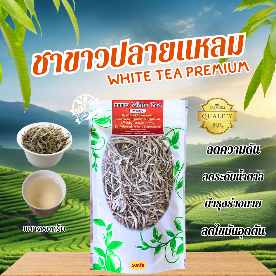ชาขาวปลายแหลม ยอดใบชาคู่ที่1 ใบชาOrganic ขนาด50กรัม ช่วยล้างสารพิษ รสนุ่มไม่ขม ช่วยบำรุงร่างกาย