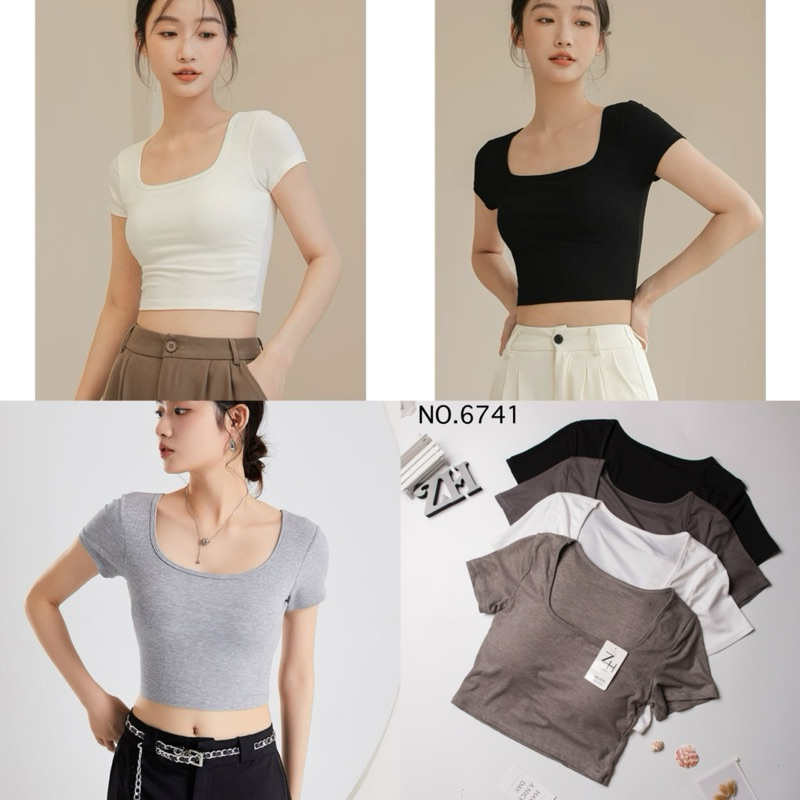 ZH.6741เสื้อครอปแขนสั้นคอUผ้าร่องฟองน้ำในตัว