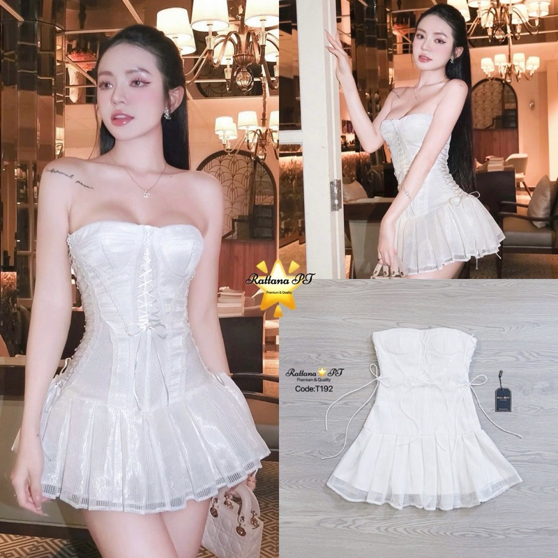 M1 งานป้าย Rattana Dress ชุดเดรสสั้นเกาะอกแต่งระบาย สำหรับผู้หญิง เสื้อผ้าแฟชั่นผู้หญิง ไซส์ Xs-L