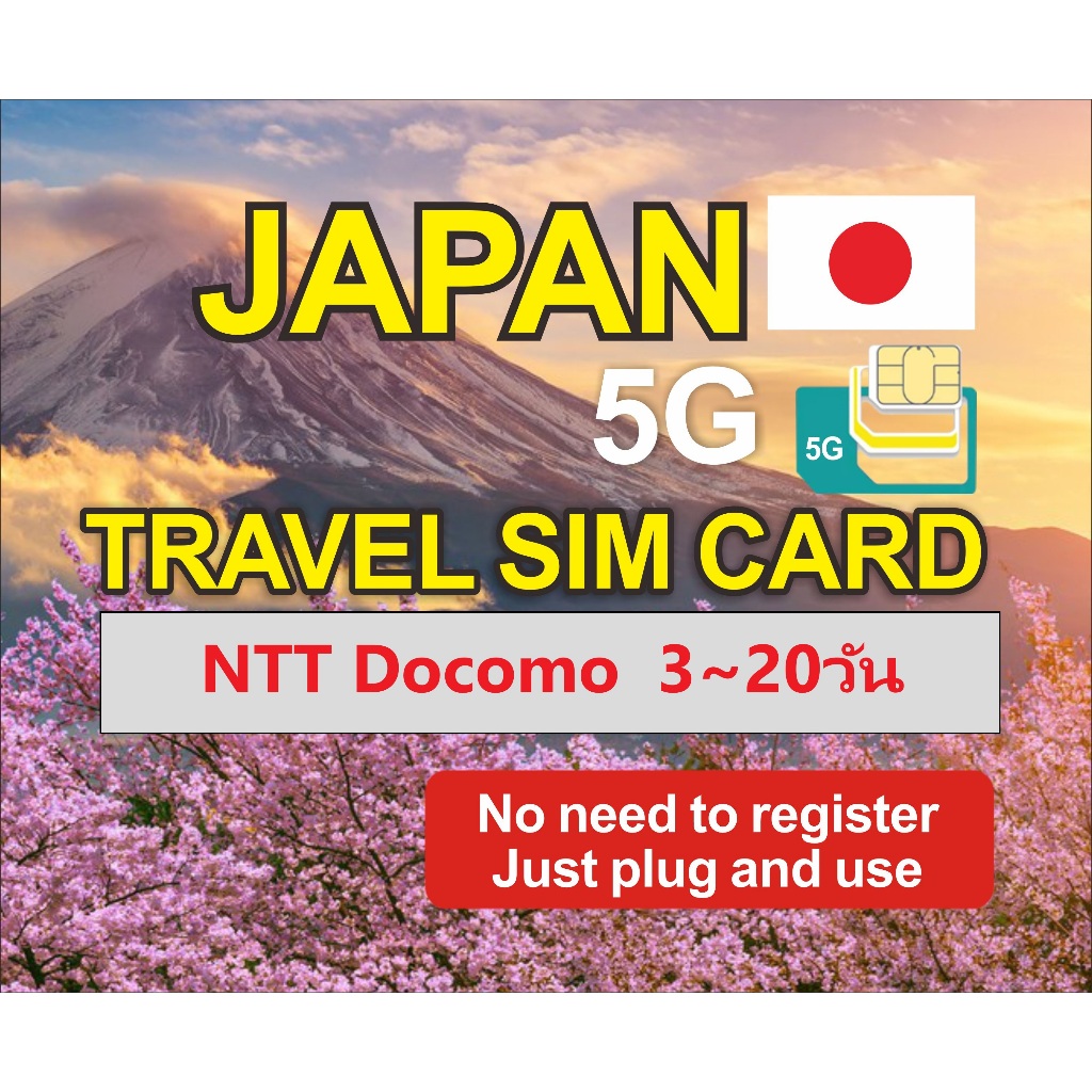 （NTT Docomo 5G/4G）Japan travel sim ซิมท่องเที่ยวญี่ปุ่น ไม่ต้องลงทะเบียน เสริมทุกวัน10GB/3GB 3~20วัน