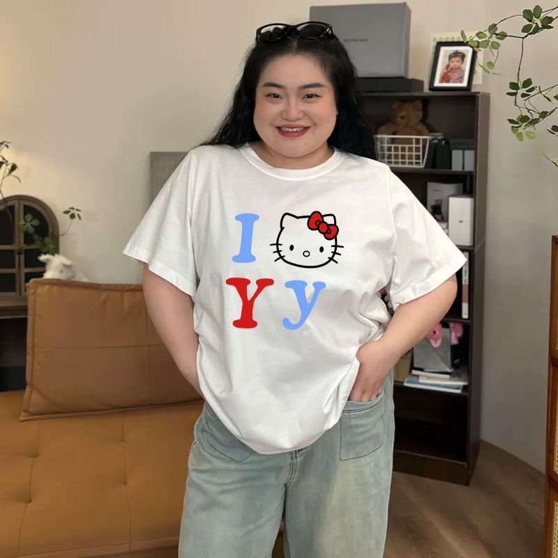 TeddyTee🐻 เสื้อยืด oversize สาวอวบ พลัสไซส์ สกรีนหน้าหลัง ลายคิตตี้ ผ้าคอตตอน100% ใส่สบาย สไตล์เกาหลี มินิมอล น่ารักมาก