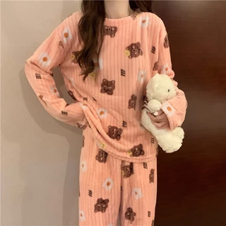 ชุดนอนขนแกะปะการังฤดูหนาวกำมะหยี่หนากางเกงการ์ตูนหวานน่ารักเหมาะสำหรับผู้หญิง สินค้าพร้อมจัดส่ง