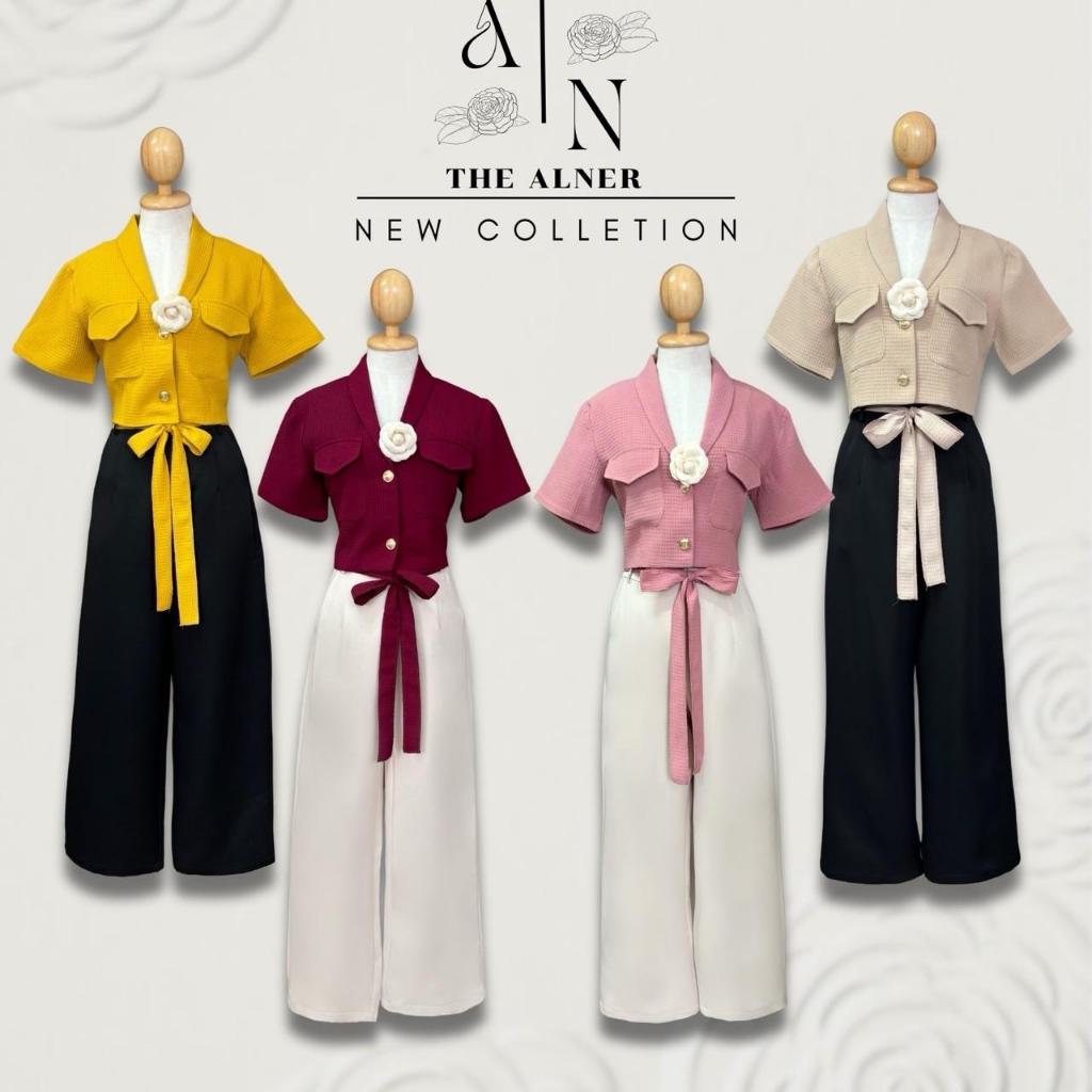 เซ็ตเสื้อแขนสั้นกระเป๋าหน้าแต่งดอก + กางเกงขายาว The Alner Women Clothing ผู้หญิง Lady