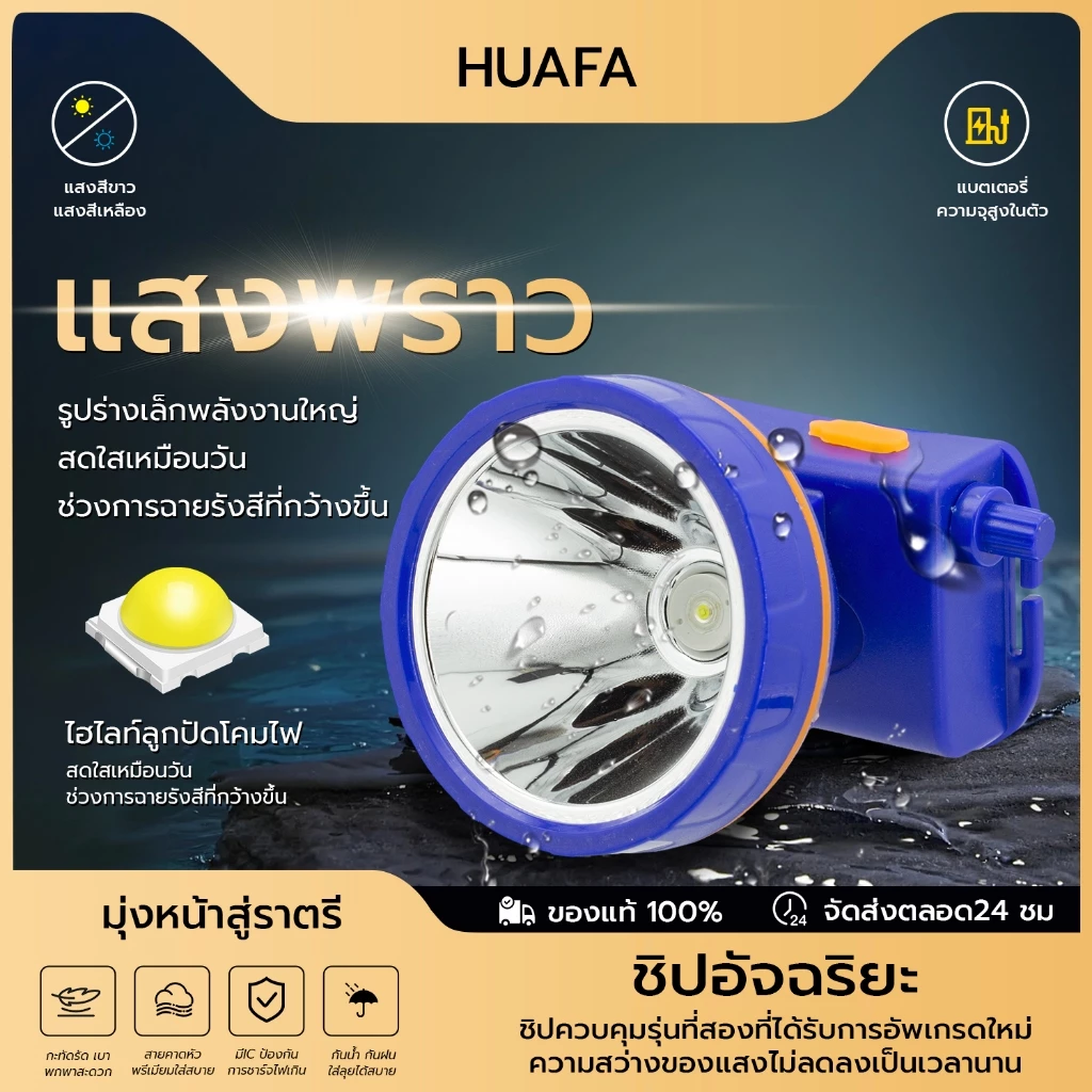 HUAFAไฟฉายคาดหัว LEDไฟฉายแรงสูงส่องไกล สปอตไลท์ แบตลิเธียมชาร์จไฟ ทนทาน ไฟฉายแรงสูงหรี่ได้ กันน้ำ