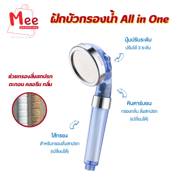 ฝักบัว All-in-One ฝักบัวกรองน้ำ กรองสิ่งสกปรก ตะกอน สายน้ำนุ่ม ไม่ระคายผิว Shower Head Meeshop 001