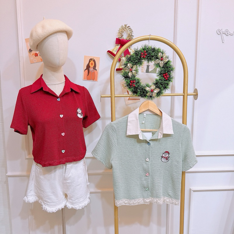 เสื้อคอปกดีแดงChristmas ผ้าทอคอดิแกน งานปักนะคะ