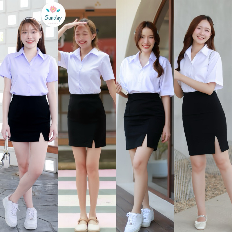 กระโปรงนักศึกษาทรงเอ (ผ่าหน้า-ผ่าหลัง) ยาว14-16-18-20 ผ้ายืดฮานาโกะสีดำ