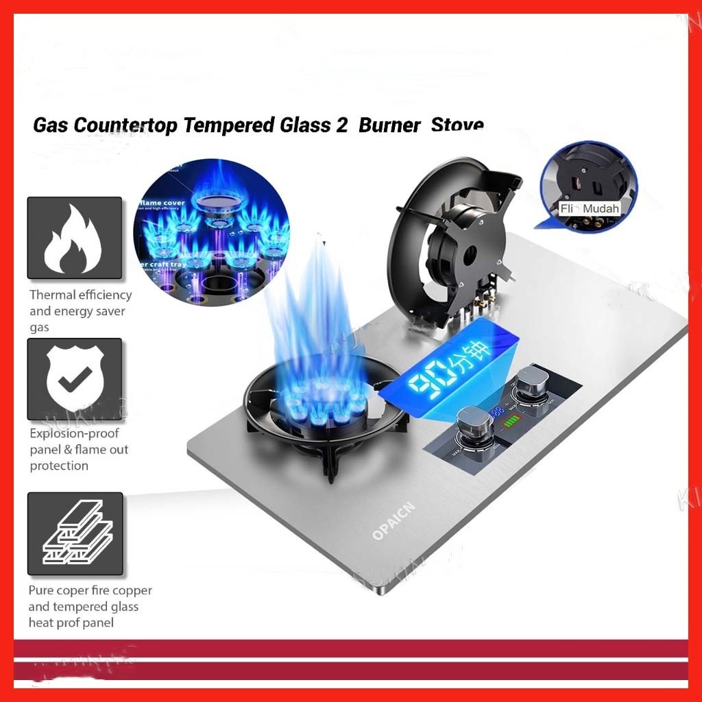 เตาแก๊ส 5.2KW 2 ฝาพับ เตาแก๊สฝังสเตนเลส 2 หัวเตา ตั้งเวลาปิดได้ Gas Stove