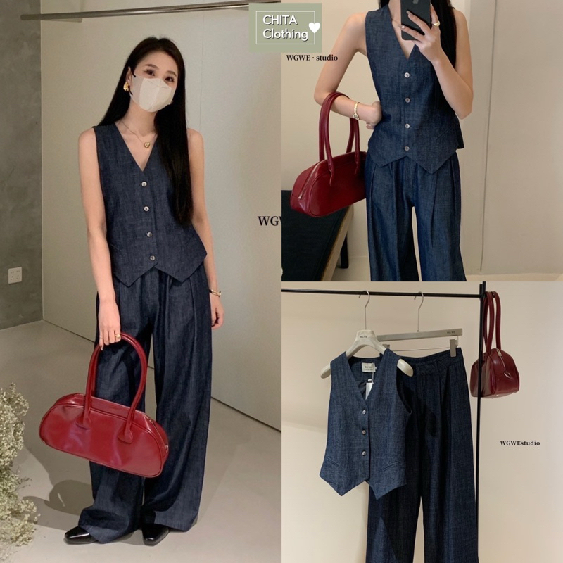 3207# Set 2 pcs เสื้อ vest กระดุมหน้า + กางเกงขายาว เนื้อผ้าดี งานสวย TAG : WG.WE