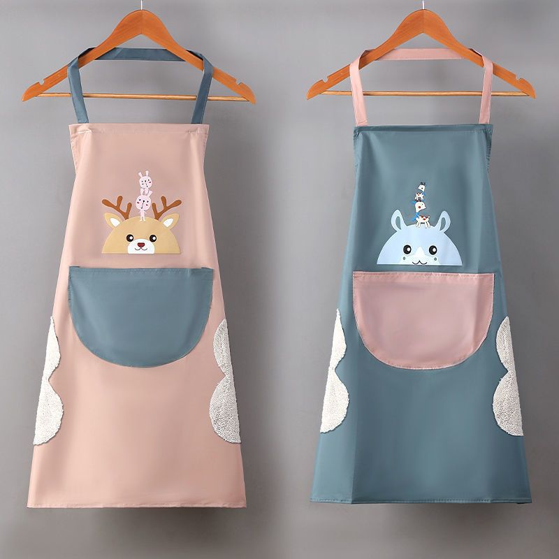ผ้ากันเปื้อน มีผ้าเช็ดมือในตัว เนื้อผ้า PVC กันน้ำ น้ำมัน น่ารัก สีสดใส ห้องครัว สวมใส่ทำอาหาร