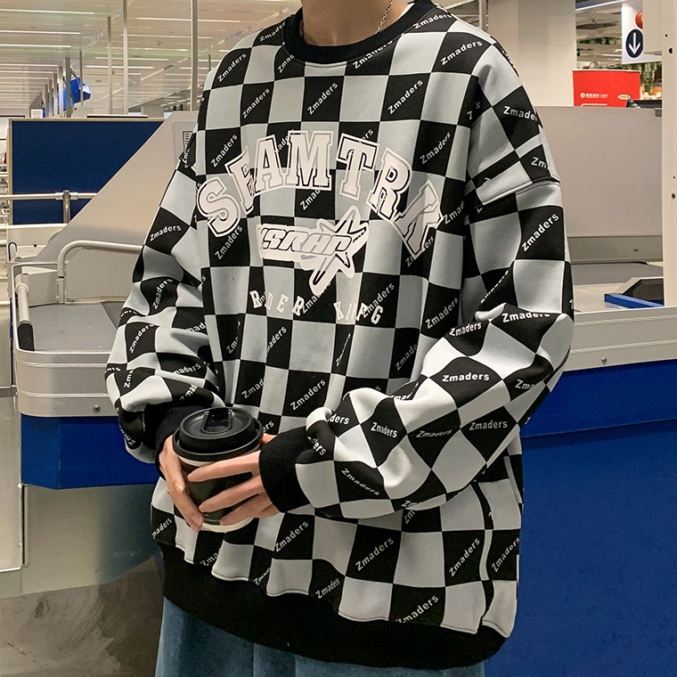 เสื้อแขนยาวสเวตเตอร์คอกลม Oversize (อก 52 นิ้ว) ลายตาราง สกีลลาย ผ้าคอตตอล  B104