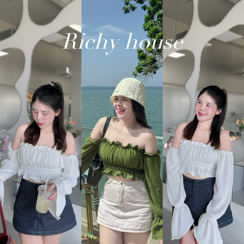 Richy เสื้อครอปปาดไหล่ระบายแขนพองปลายเฉียง ดีเทลน่ารัก ฟรีไซส์