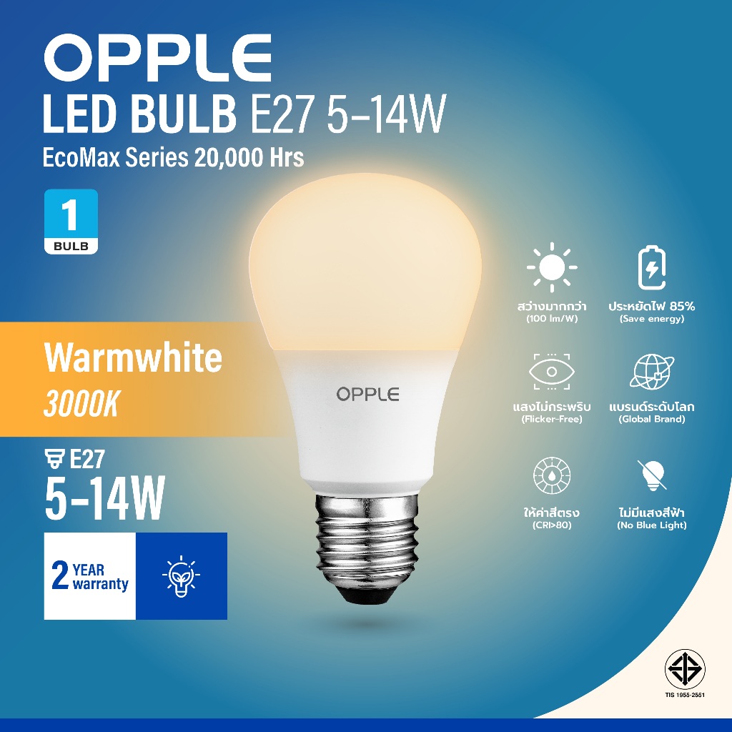 OPPLE | หลอดไฟ LED BULB E27 EcoMax แสงวอร์ม WarmWhite 3000K 5W/7W/9W/12W/14W 20000ชม ประกัน2ปี ถนอมสายตา