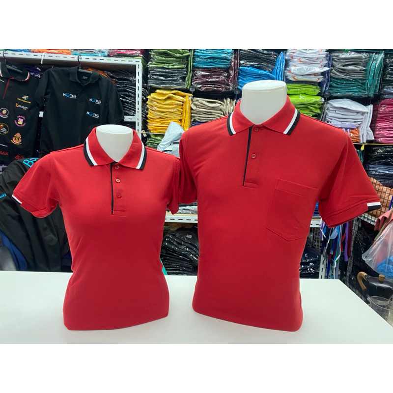 เสื้อโปโล สีแดง ขลิบขาวดำ เนื้อผ้า TK มีไซส์ชายหญิง