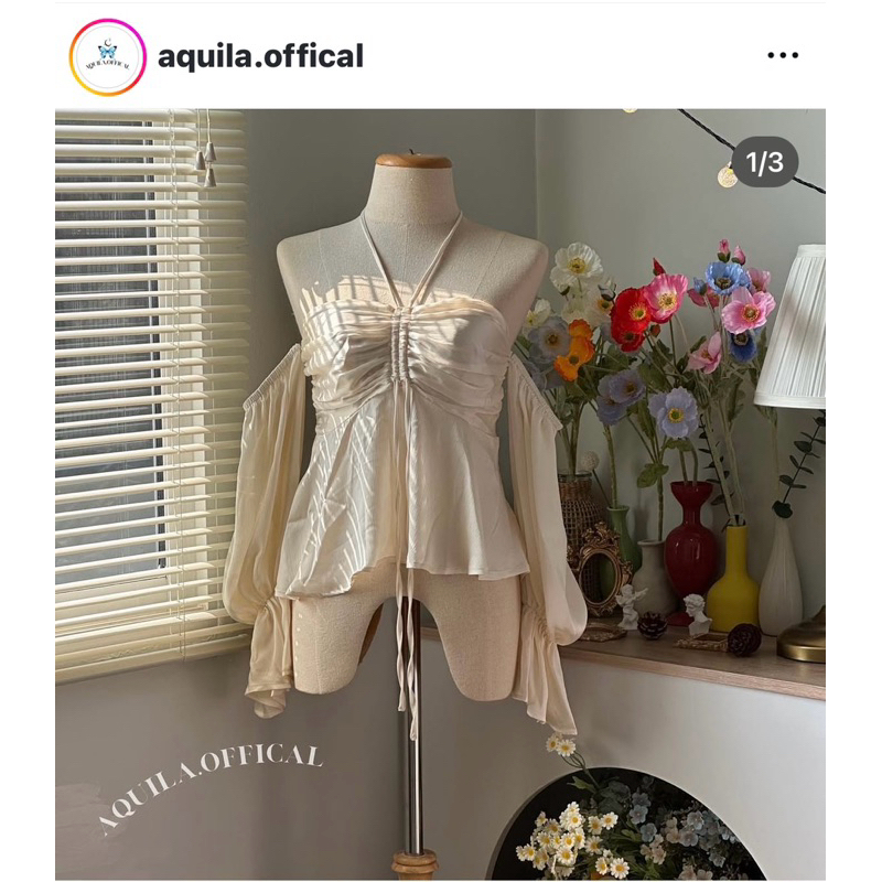 แบรนด์ Aquila.official เสื้อปาดไหล่รูดอก ผูกคอ เสื้อเกาะอก เปิดไหล่ แขนยาว ใส่ได้2แบบ