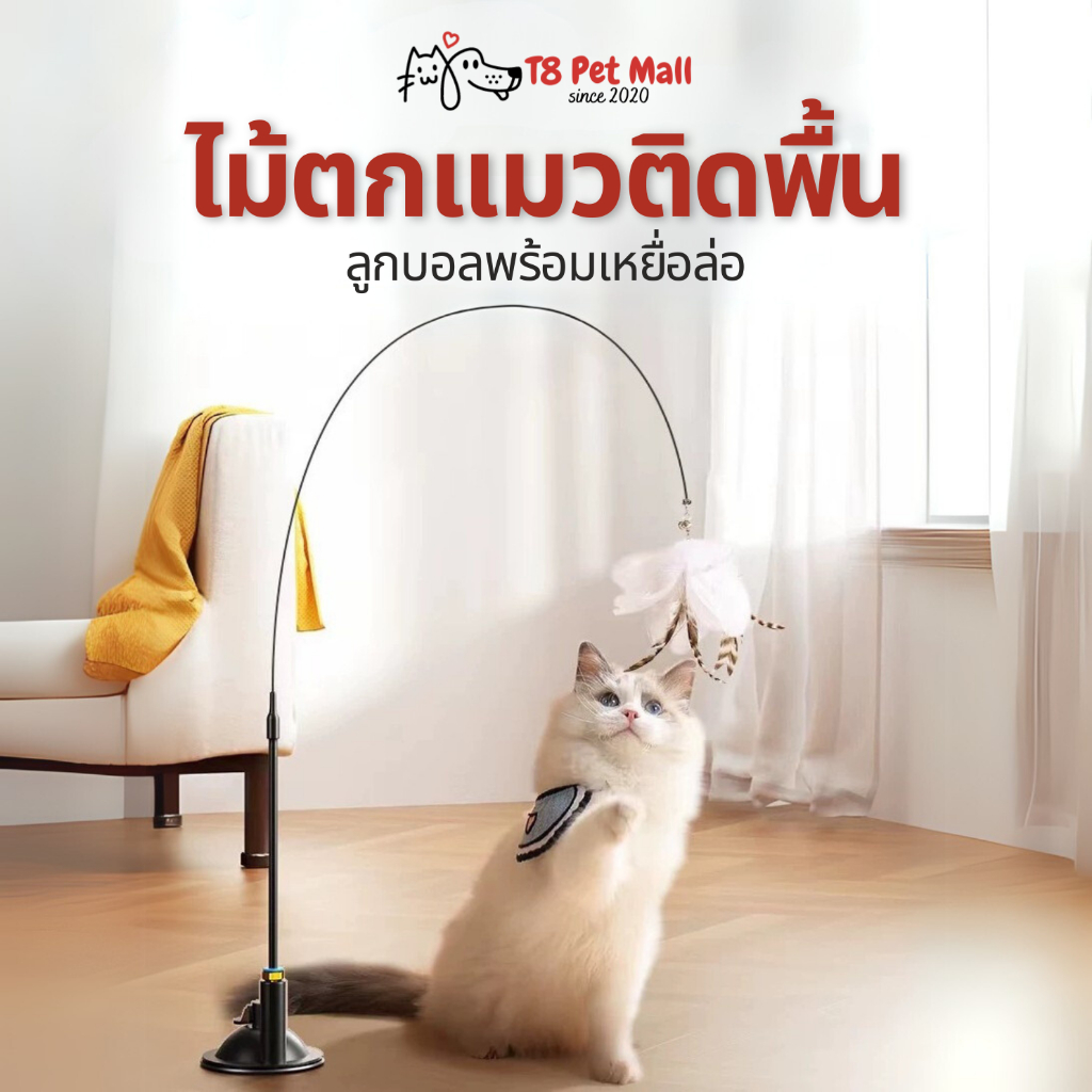 ไม้ล่อแมว ติดพื้นไม้ตกแมว ของเล่นไม้กายสิทธิ์ ฐานดูด ขนนก ของเล่นสําหรับแมว แบบปุ่มดูดสุญญากาศ ถอดออกได้