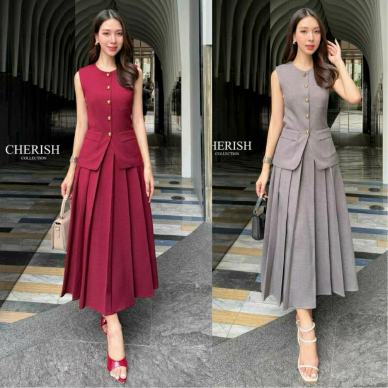 (XS-XL)CHERISH พร้อมส่งเซ็ทคอกลมแขกุดแต่งกระเป๋า+กระโปรงยาวอัดพลีทจีบรอบสวยหรูดูแพงชุดรับทรัพย์