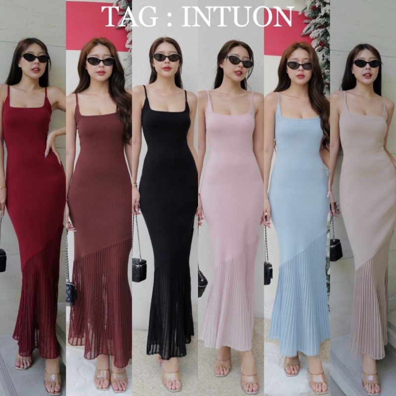 ꫛꫀꪝ--TAG INTUON / TAG : SIRINN มาพร้อมสีใหม่🔥🔥🔥  เดรสยาวไหมพรมปลายแต่งชีทรู สายเดี่ยวคอเหลี่ยมสาวเกาหลี เนื้อผ้าดีมากๆ