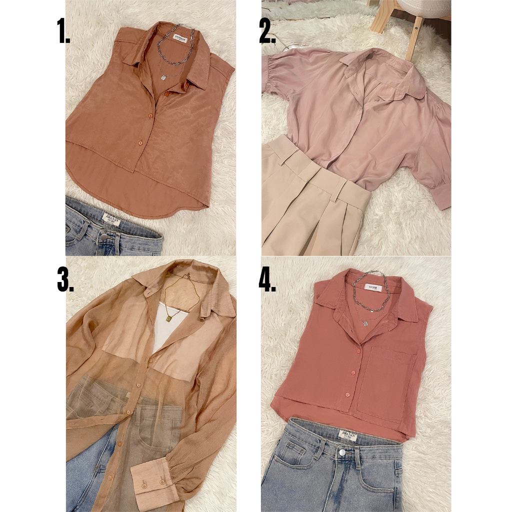 เสื้อเชิ้ตแขนกุด แขนยาว ผ้าฝ้ายอย่างดี ผ้าซีทรูอัดจีบ ผ้ามันเงา สีนู๊ด ชมพู ส้ม เสื้อเชิ้ตยาว เสื้อคลุม