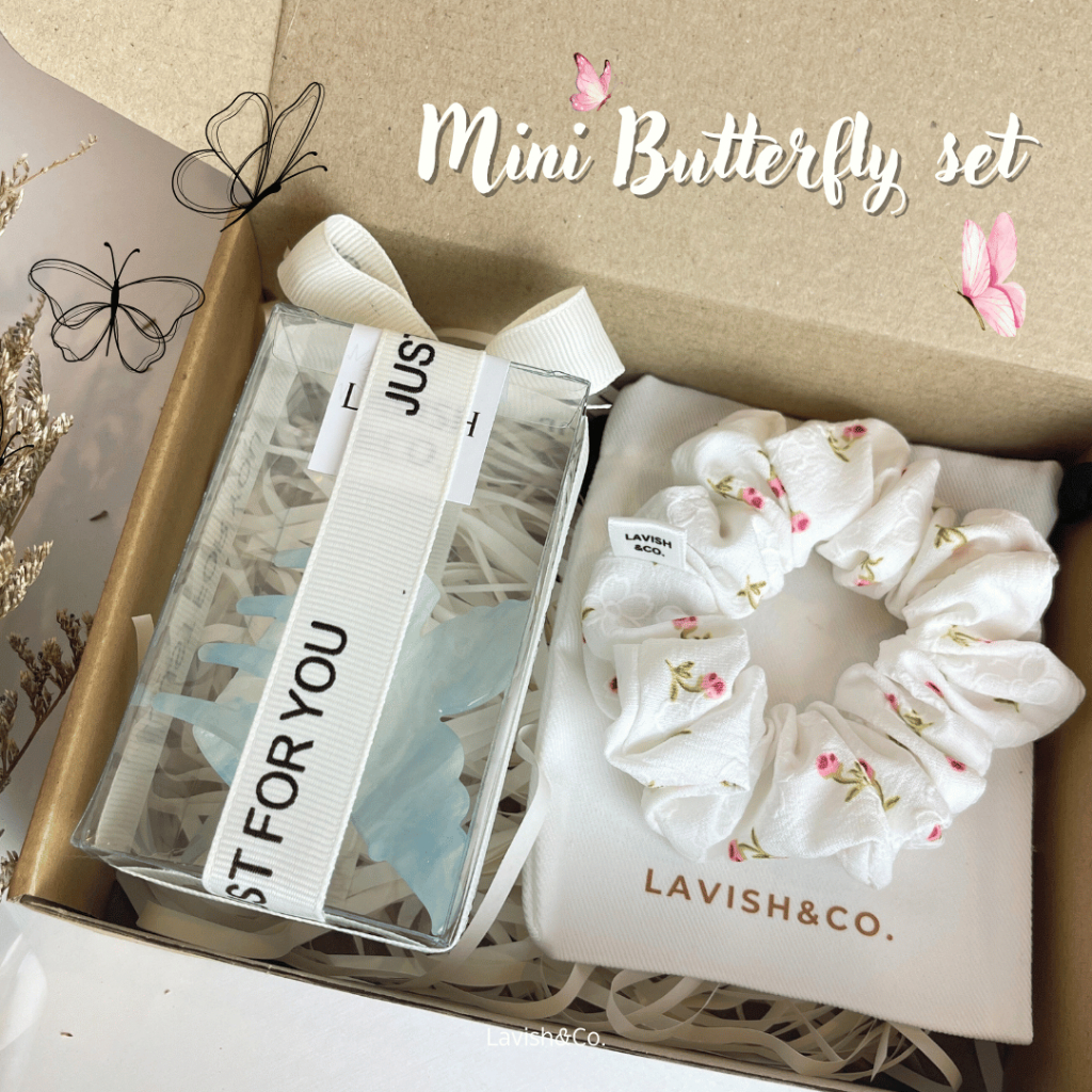 [พร้อมส่ง] Mini  butterfly set กิ๊ฟหนีบผม  เปลี่ยนสี 7 ซม (ผีเสื้อ)  +Scrunchies 11*11 CM   ฟรีติดชื่อ+กล่องครบเซต
