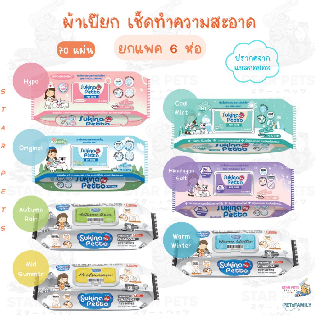 [6 ห่อ] Sukina Petto Pet Wipes ทิชชู่เปียก ผ้าเปียกสัตว์เลี้ยง ไซส์ 22x22cm ห่อใหญ่บรรจุ 70 แผ่น
