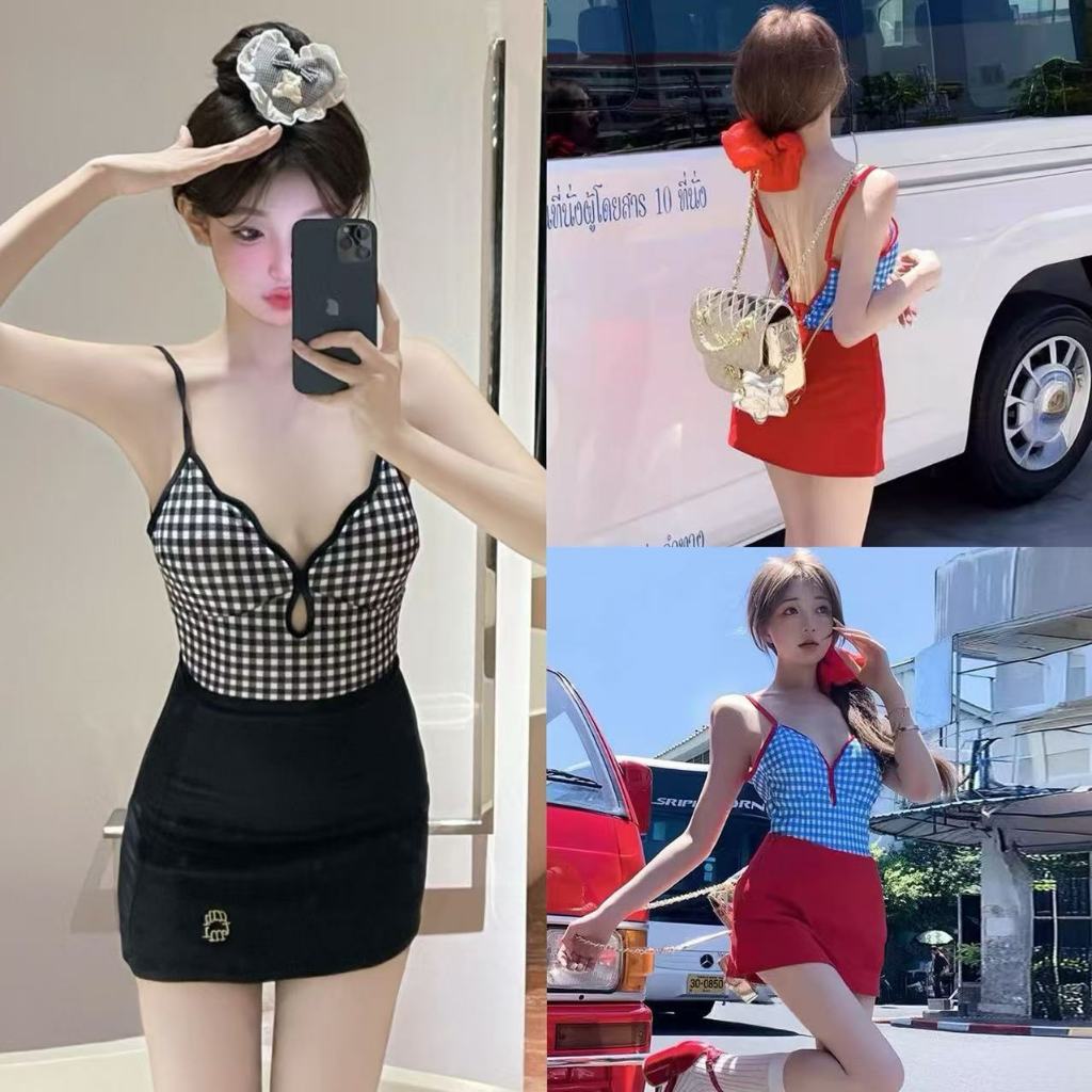 🌸Swift Bra🌸ชุดว่ายน้ำแฟชั่น ชุดว่ายน้ำวันพีช ลายสก๊อตวินเทจ มีฟองน้ำ โชว์หลัง ผูก สไตล์เซ็กซี่