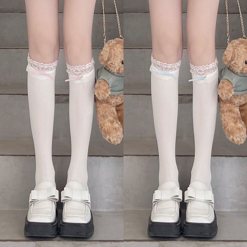 🌈พร้อมส่งจากไทย🧦ถุงเท้าลูกไม้สไตล์บัลเล่ต์ jk ถุงเท้าสูงถึงเข่าญี่ปุ่น แต่งโบว์ หวานน่ารัก