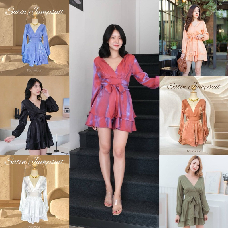 จั๊มสูทผ้าซาติน กางเกงขาสั้นเข้าครบสี เนื้อดีใส่สบาย งานซิปหลัง มาพร้อมสายผูกตามสัดส่วน
