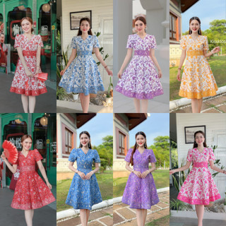 Kety Smile ชุดเดรสผ้าปาเต๊ะ คอวี กระโปรงบาน 8 ชิ้นทรงย้วย อั…