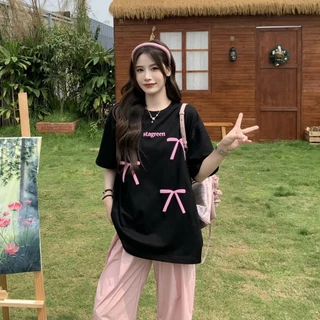 พร้อมส่ง 🎀 เสื้อยืด oversize เสื้อยืดแขนสั้นแฟชั่นผู้หญิง พิมพ์ลายโบว์ลำลองทรงหลวม สไตล์เกาหลี