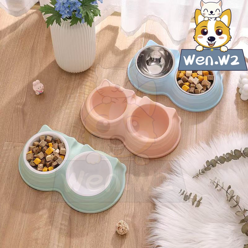 wen.W2 ชามอาหารสัตว์ 2ช่อง ชามใส่อาหารสัตว์เลี้ยง ชามสุนัข แมว ที่ใส่อาหารให้สัตว์