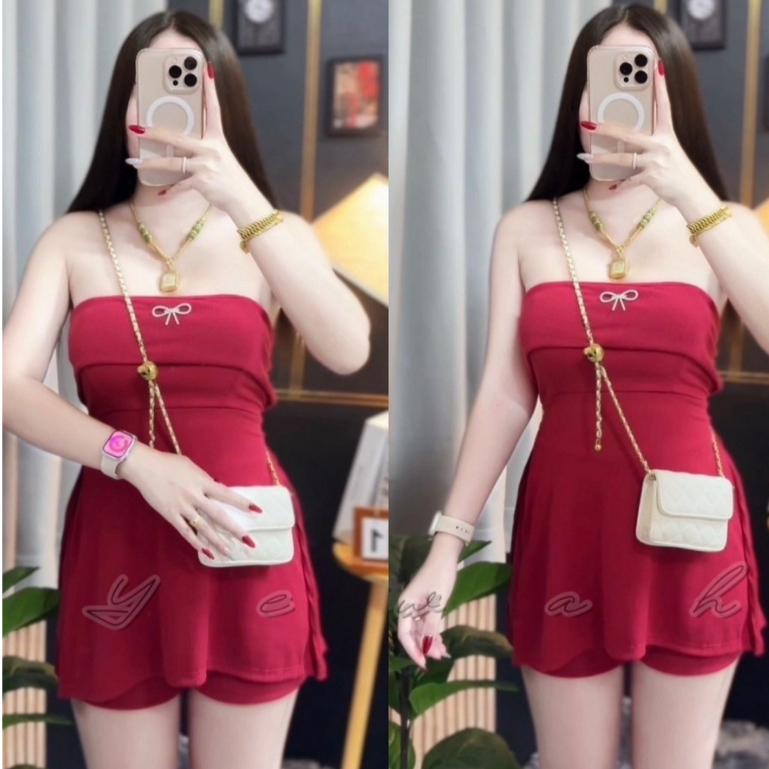 IVชุดเซตเกาะอก+กางเกงขาสั้น(ผ้าร่องยืดตามตัว) มีฟองน้ำ ผู้หญิง Lady