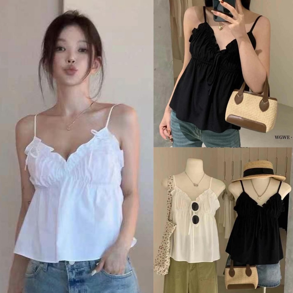 E1035 เสื้อสายเดี่ยว ดีเทลแต่งอก ทรงเกาหลี ทรงน่ารัก แฟชั่นเกาหลี TAG WG.WE