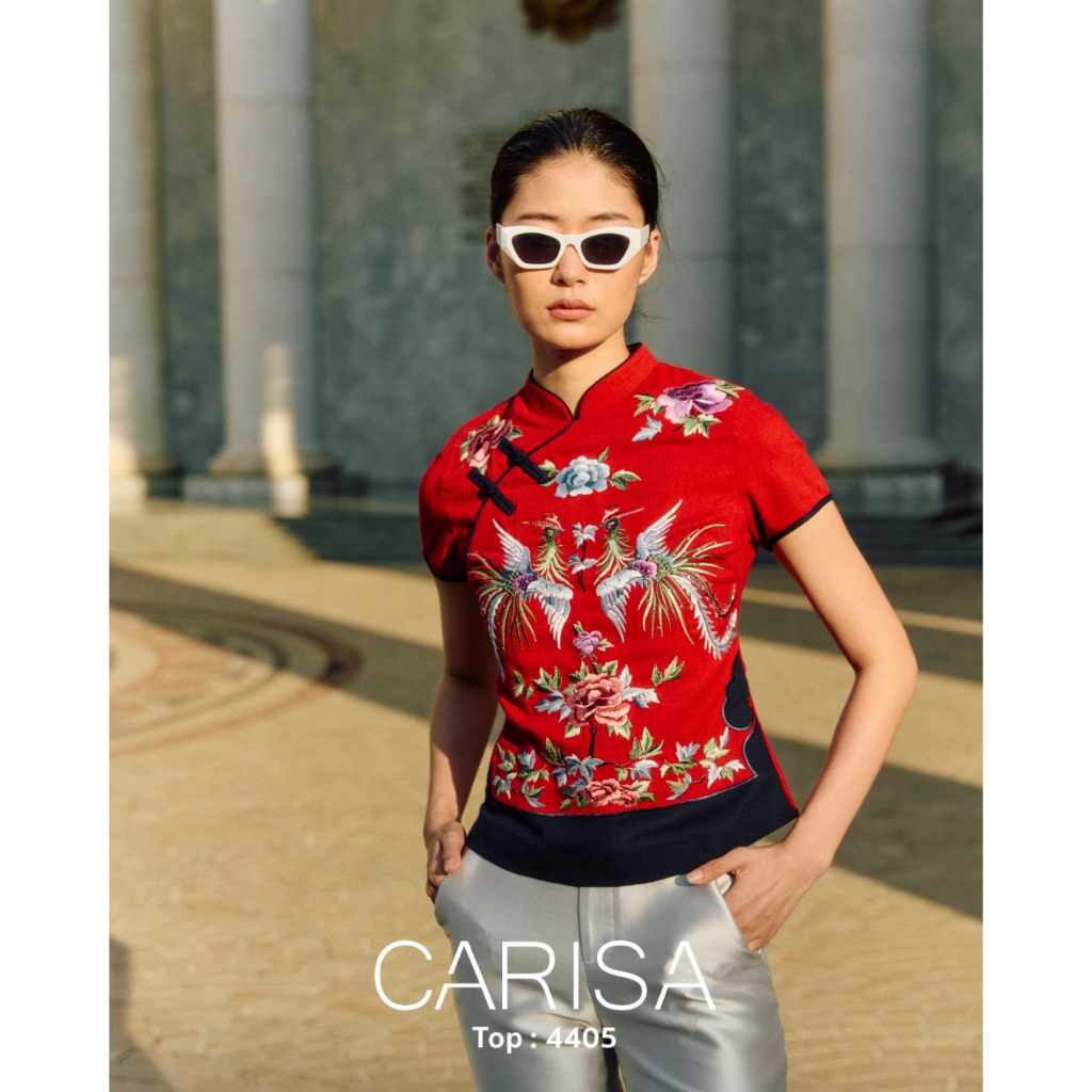 [4405] เสื้อตรุษจีนแขนสั้น งานปักลายทั้งตัว  ผ้าคอตตอลสเปนเด็กซ์ ซิปหลัง ทรงสวย แพทเทิลเป๊ะ